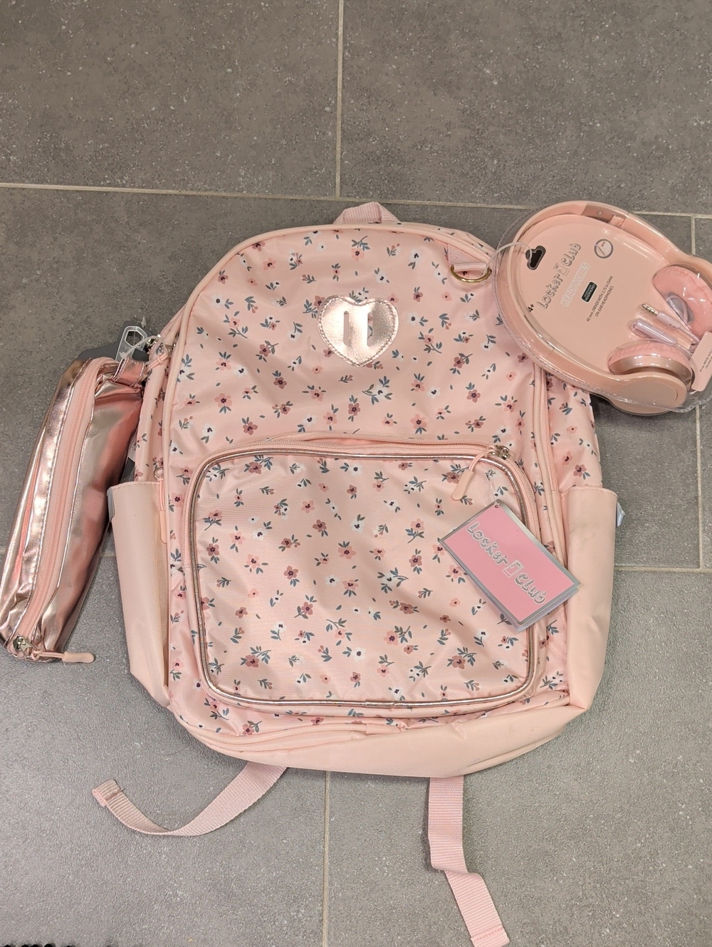 Locker Club Kids Floral Heart Pink Backpack with Matching Headphones And Bag.